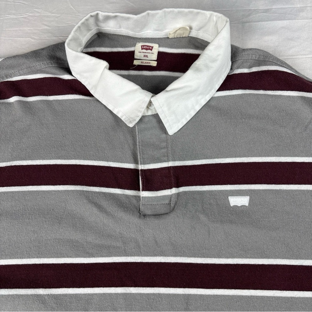 Y2K Vtg Levi's Men's Gray & Burgundy Striped Rugby Polo Shirt 2XL
